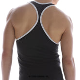 Metro malewear basic charcoal racerback tank top with white trim along neckline and armholes for casual wear