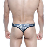 Black MetroMaleWear Basic Thong Basalto 2502-23 with white and gray geometric pattern showing back side