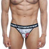 Black and white floral-patterned metroMalewear basic thong escobar 2502-09 with red accent on waistband front view