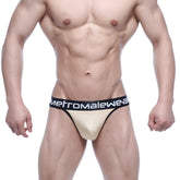 Beige athletic briefs with black waistband featuring metromalewear logo in white from metro-malewear basic thong gold 2502-02