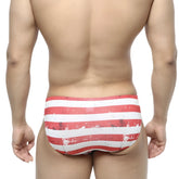 MetroMaleWear Batalla Bikini 5103-98 red and white striped swim trunks with distressed vintage flag-inspired design