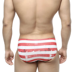 MetroMaleWear Batalla Bikini 5103-98 red and white striped swim trunks with distressed vintage flag-inspired design