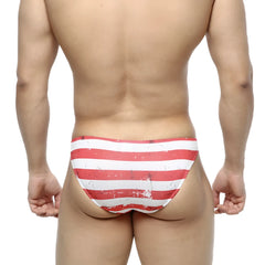 MetroMaleWear Batalla Hip Bikini red and white striped swim trunks with a distressed vintage look for beachwear