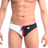 MetroMalewear bella swim bikini white black and white swim trunks with red side stripe and black drawstring