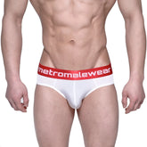 White briefs with a red waistband featuring the metromalewear logo from the MetroMaleWear Benjamin Hip Brief 5003-02 collection