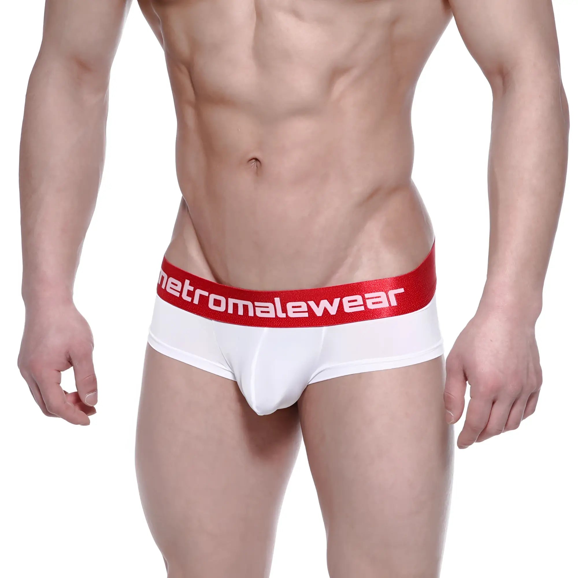 White men’s briefs with a red waistband featuring the metromalewear logo in white from metro malewear benjamin mini cheek boxer 2025-02