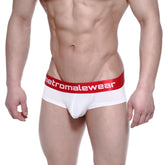 White men’s briefs with a red waistband featuring the metromalewear logo in white from metro malewear benjamin mini cheek boxer 2025-02