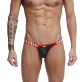 MetroMaleWear bies jock strap black with red thong and white striped waistband showing front side design