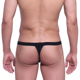 MetroMaleWear big pouch thong black made of smooth stretchy fabric with a narrow waistband shown from the back side