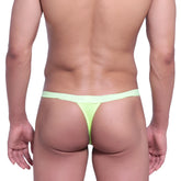 A vibrant lime green smooth stretchy metro male wear big pouch thong with narrow waistband and minimal coverage