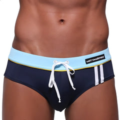 MetroMaleWear Bing Sport swim brief navy blue with light blue waistband white drawstring and two white stripes on side