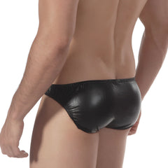 Black shiny faux leather briefs by metromalewear showing front design and sleek material texture