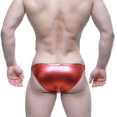 Shiny red metallic metro malewear bling bikini briefs showcasing vibrant crimson color and sleek design