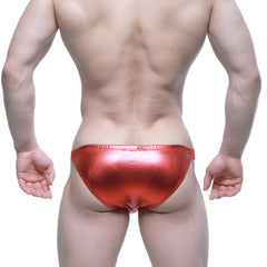 Shiny red metallic metro malewear bling bikini briefs showcasing vibrant crimson color and sleek design