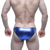 Shiny metallic blue swim trunks metroMalewear bling bikini royal blue 3604-18 showcasing front view