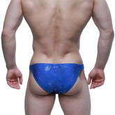 MetroMaleWear bling bikini royal blue swim trunks with vibrant blue sequins and a shimmering textured finish