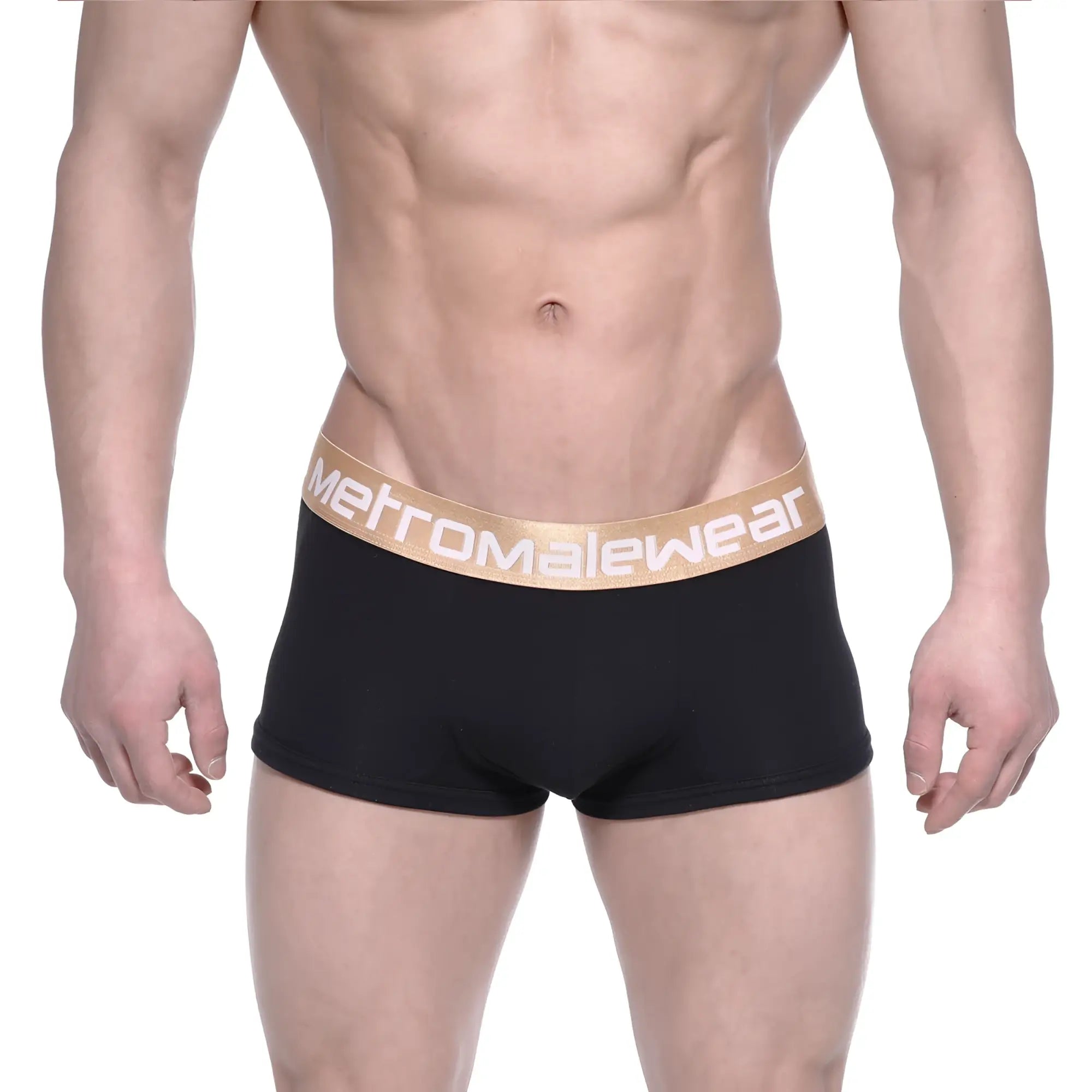 MetroMalewear body boxer brief black with gold elastic waistband and white logo lettering for comfortable support