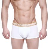 White men’s briefs with a gold waistband featuring metromalewear logo metroMalewear body boxer brief white 1023-00