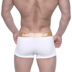 White MetroMaleWear body boxer briefs with gold waistband and white brand lettering for comfortable everyday wear