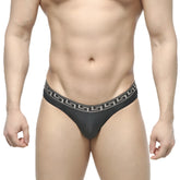 Black thong with white greek key waistband pattern from metromalewear bolero bikini 5105-20 showing back side