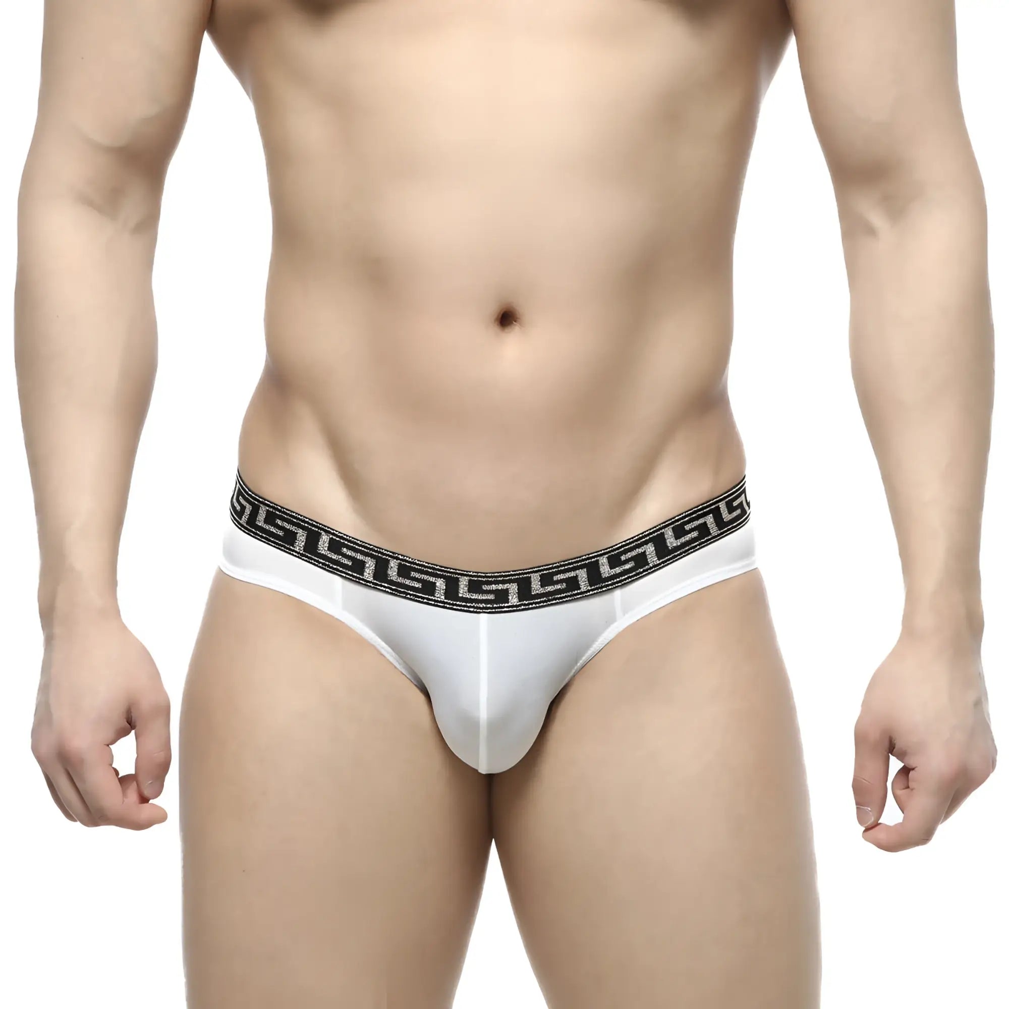 Metro male wear bolero bikini white 5105-00 white men’s briefs with black greek key patterned waistband