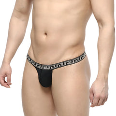 Black metroMalewear bolero thong with decorative greek key pattern on waistband shown from the back side