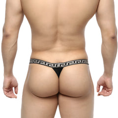 Black metro malewear bolero thong with decorative greek key pattern waistband shown from the back side