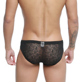 Back side of metroMalewear bordado bikini black lace briefs with subtle floral pattern and small metallic emblem