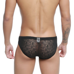 Back side of metroMalewear bordado bikini black lace briefs with subtle floral pattern and small metallic emblem