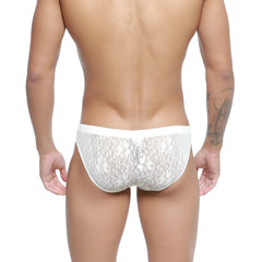 MetroMaleWear Bordado bikini ivory white lace briefs with delicate floral pattern and solid white waistband front view