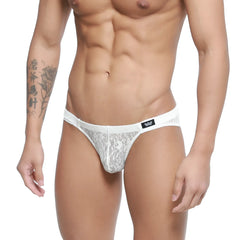 White lace men’s briefs in ivory with a black metro malewear logo waistband bordado bikini 5103-57