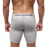 Gray heathered mens boxer briefs with white elastic waistband featuring black logo pattern from MetroMaleWear Bosillo Bold