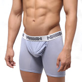 Light gray metro male wear bosillo bold long boxer briefs with white elastic waistband and black ninny branding
