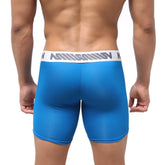 Blue men’s boxer briefs metroMaleWear bosillo bold long boxer royal blue with white elastic waistband and gray stripes