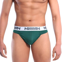 Dark green MetroMaleWear Bosillo Bold athletic briefs with white elastic waistband and gray logo pattern