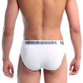 White mens briefs by metrromalewear featuring a gray logo band with diagonal stripes in a comfortable fabric