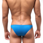 Bright blue metro male wear bosillo half back bikini swim trunks with smooth stretchy fabric and sleek design shown from back