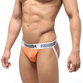 Orange athletic briefs with white waistband and mus logo in gray from metromalewear bosillo jock strap peach 3501-02