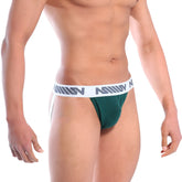 Dark green metro malewear bosillo jock strap with white waistband and gray repeating logo for athletic support