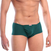 Dark green metroMalewear bosillo short boxer briefs with subtle textured fabric and red brand tag at waistband