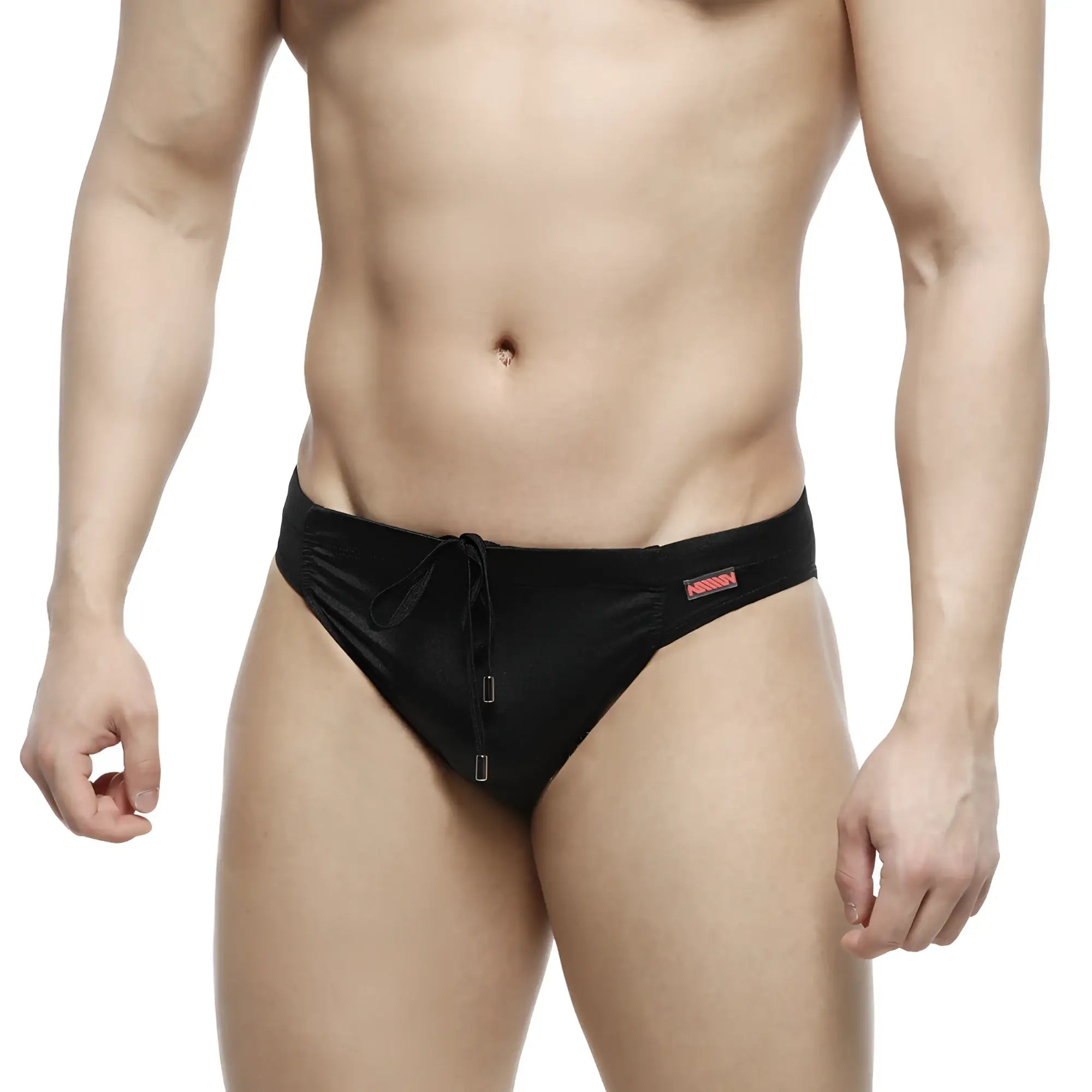 MetroMaleWear Bosillo swim bikini black satin trunks with drawstring waistband and silver-toned metal clasps