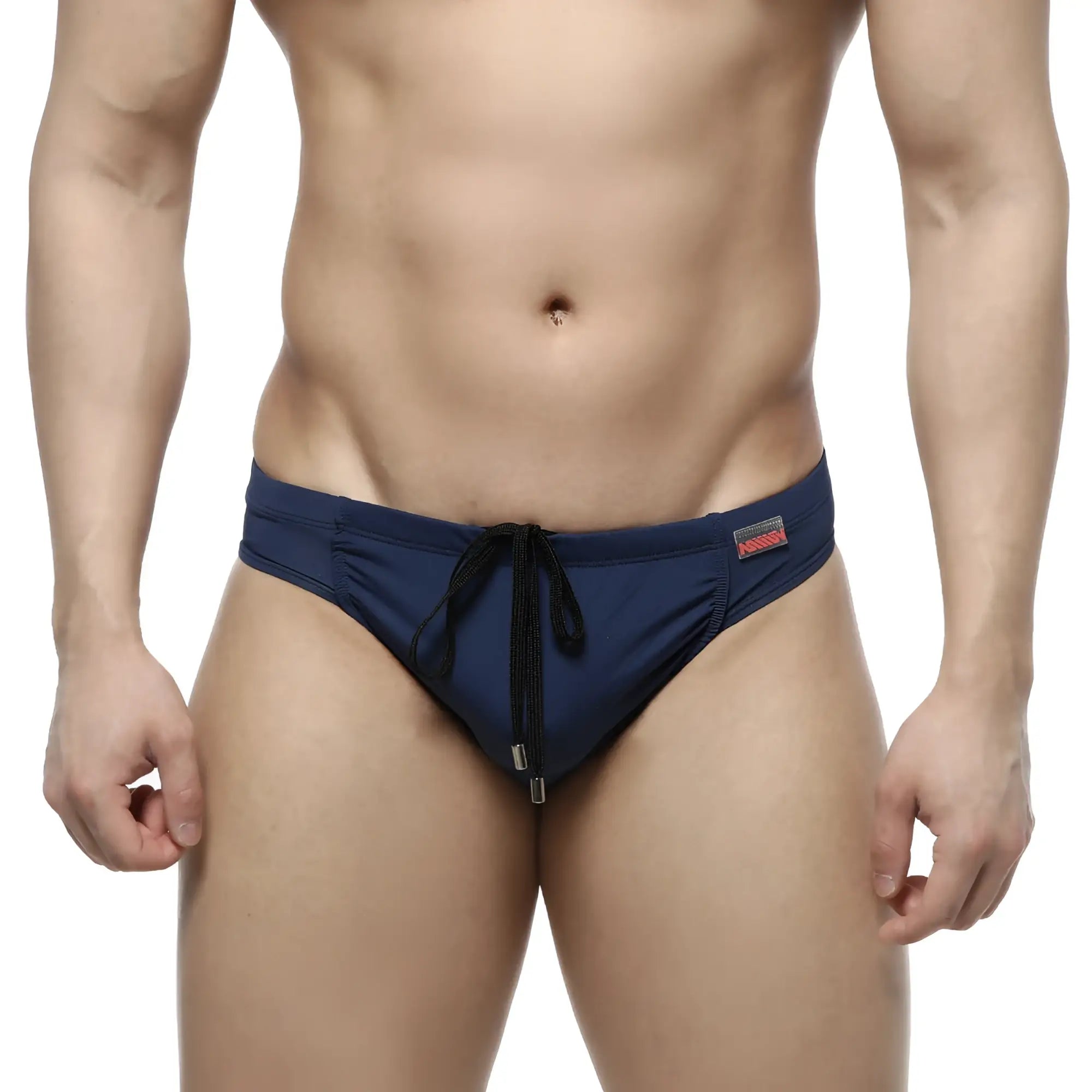 MetroMaleWear Bosillo swim bikini navy blue swim trunks with black drawstring and front zipper detail