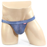 Blue denim thong with red metro malewear brand tag on waistband from brazilian bikini denim 1124-62 collection