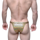 Gold holographic fish scale patterned brazilian bikini thong by metromalewear for men