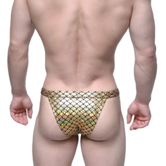 Gold holographic fish scale patterned brazilian bikini thong by metromalewear for men