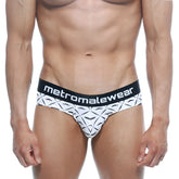 White briefs with black geometric mustache pattern and metromalewear waistband from metro malewear brief caballero 5006-03