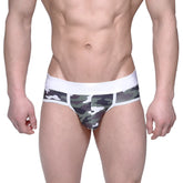 Men’s bright green camo briefs metroMaleWear 6106-39 with white elastic waistband and camouflage pattern