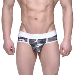Men’s bright green camo briefs metroMaleWear 6106-39 with white elastic waistband and camouflage pattern