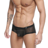Black mesh briefs with a subtle wavy pattern and small white logo on the waistband metro malewear bruma trunk 2125-30