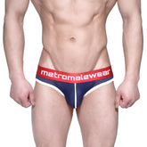 Navy blue mesh metro malewear bruno brief with red waistband and white trim for comfortable daily wear